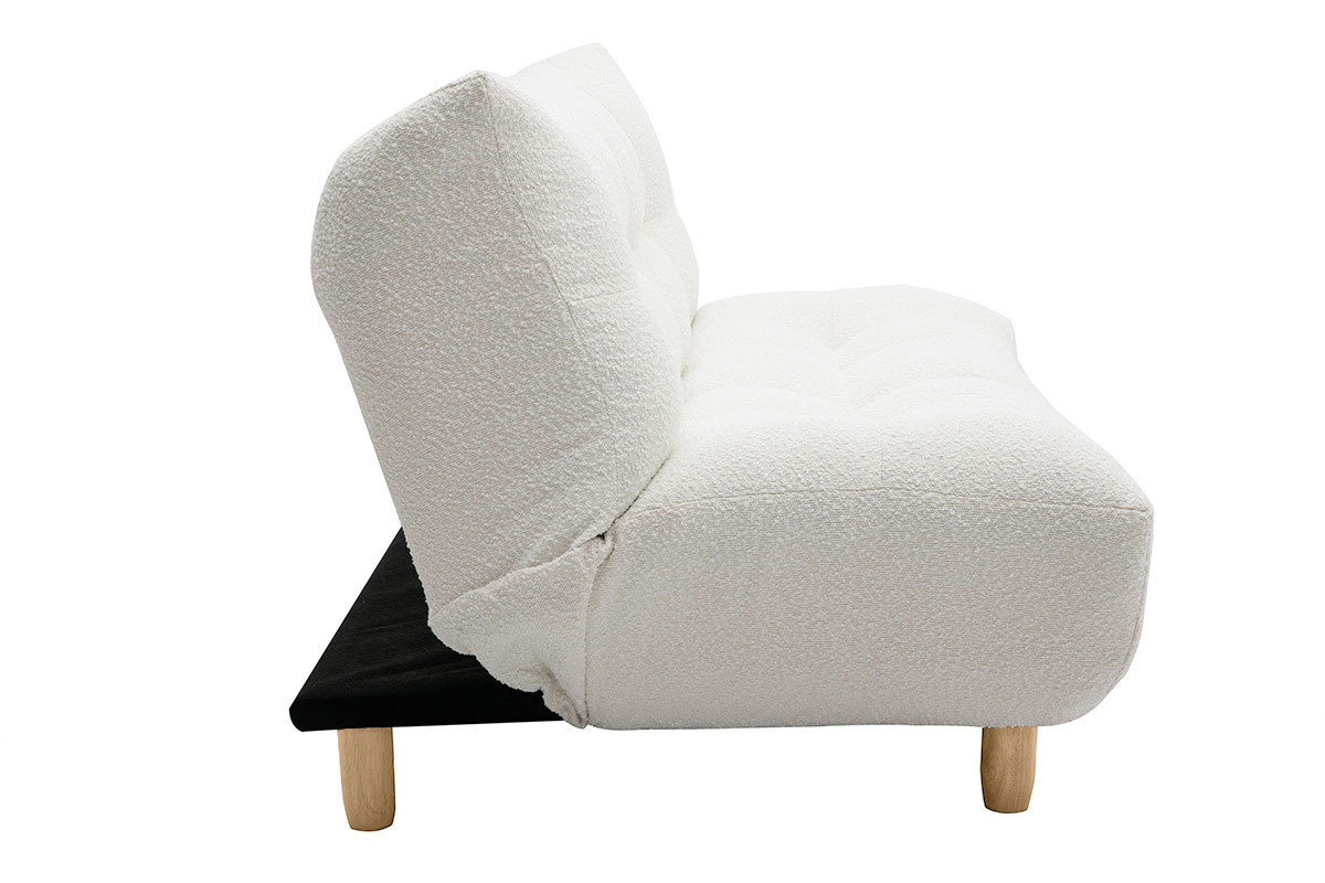 Canap convertible scandinave 3 places en tissu effet laine boucle blanc et bois clair YUMI