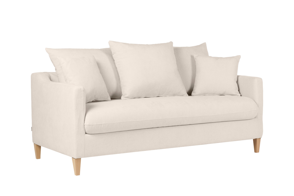 Canap convertible scandinave 3 places en tissu effet velours beige et bois clair LOUISE