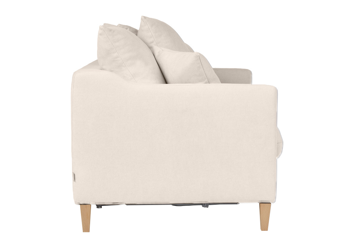 Canap convertible scandinave 3 places en tissu effet velours beige et bois clair LOUISE