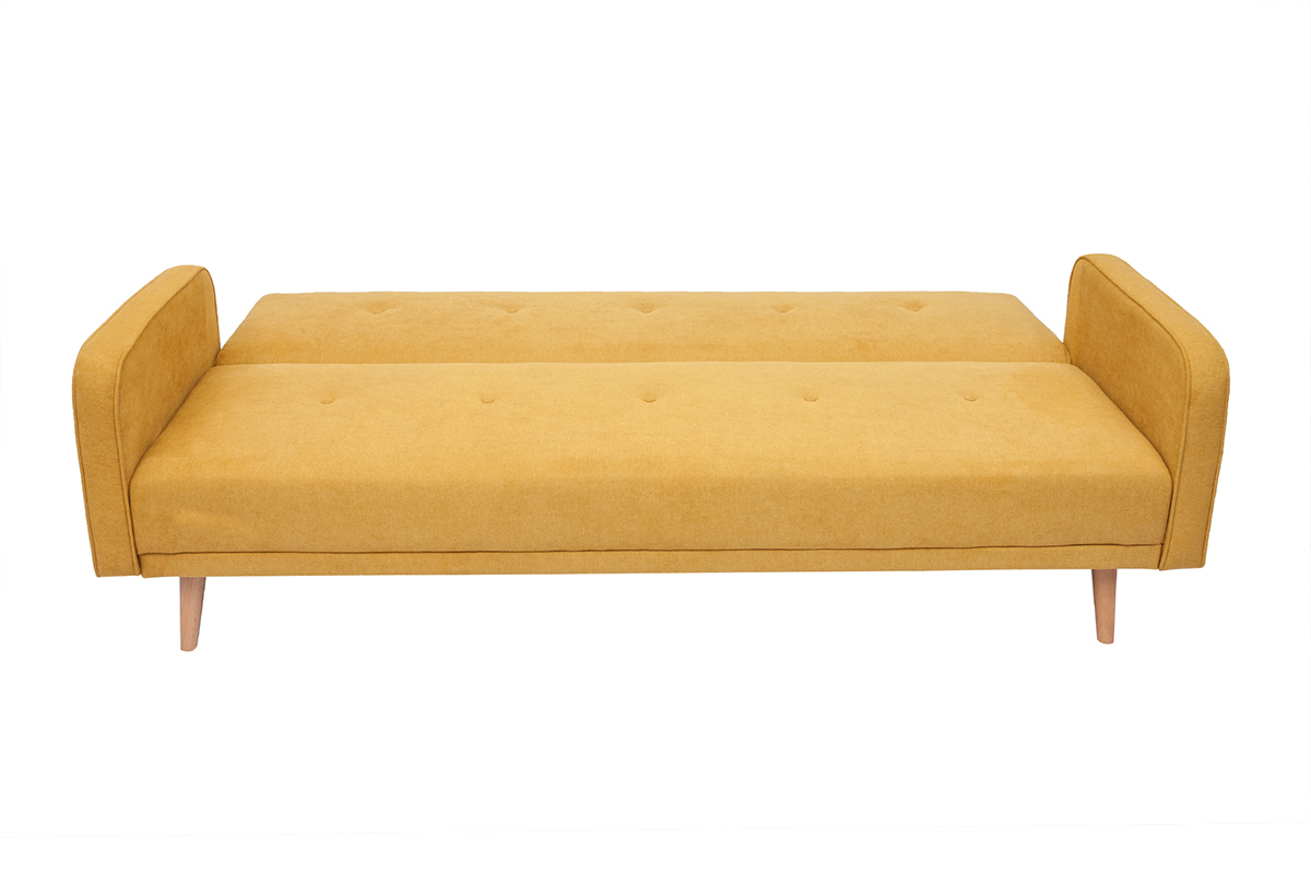 Canap convertible scandinave 3 places en tissu effet velours jaune moutarde et bois clair ULLA