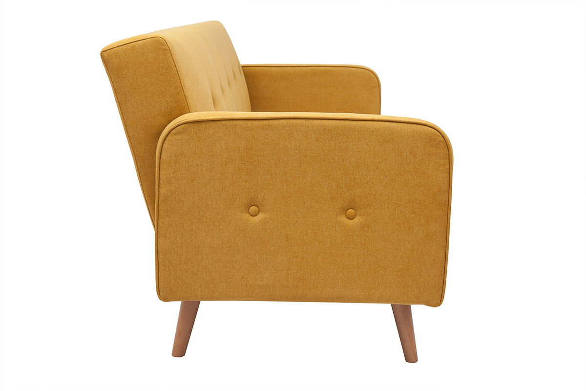 Canap convertible scandinave 3 places en tissu effet velours jaune moutarde et bois clair ULLA