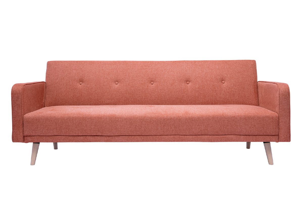 Canap convertible scandinave 3 places en tissu effet velours textur terracotta et bois clair ULLA