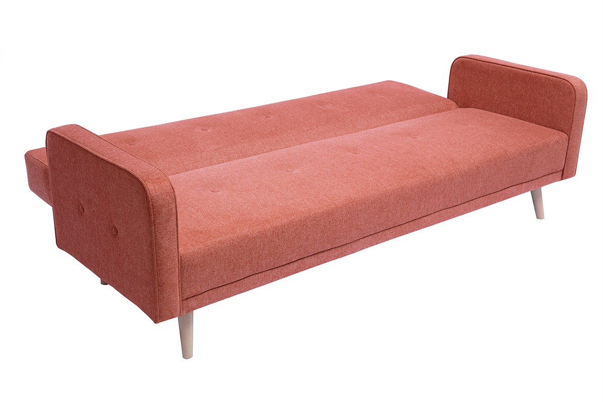 Canap convertible scandinave 3 places en tissu effet velours textur terracotta et bois clair ULLA