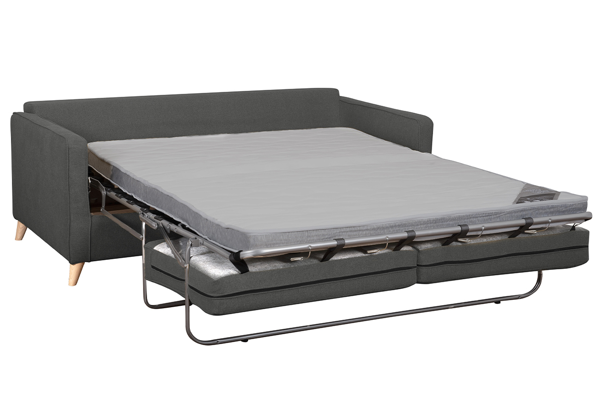 Canap convertible scandinave 3 places en tissu gris anthracite et bois clair avec matelas 10 cm PAPEL