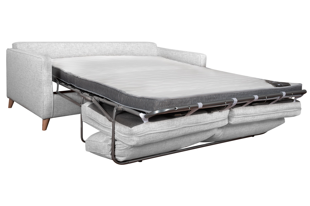 Canap convertible scandinave 3 places en tissu gris clair et bois clair avec matelas 10 cm PAPEL