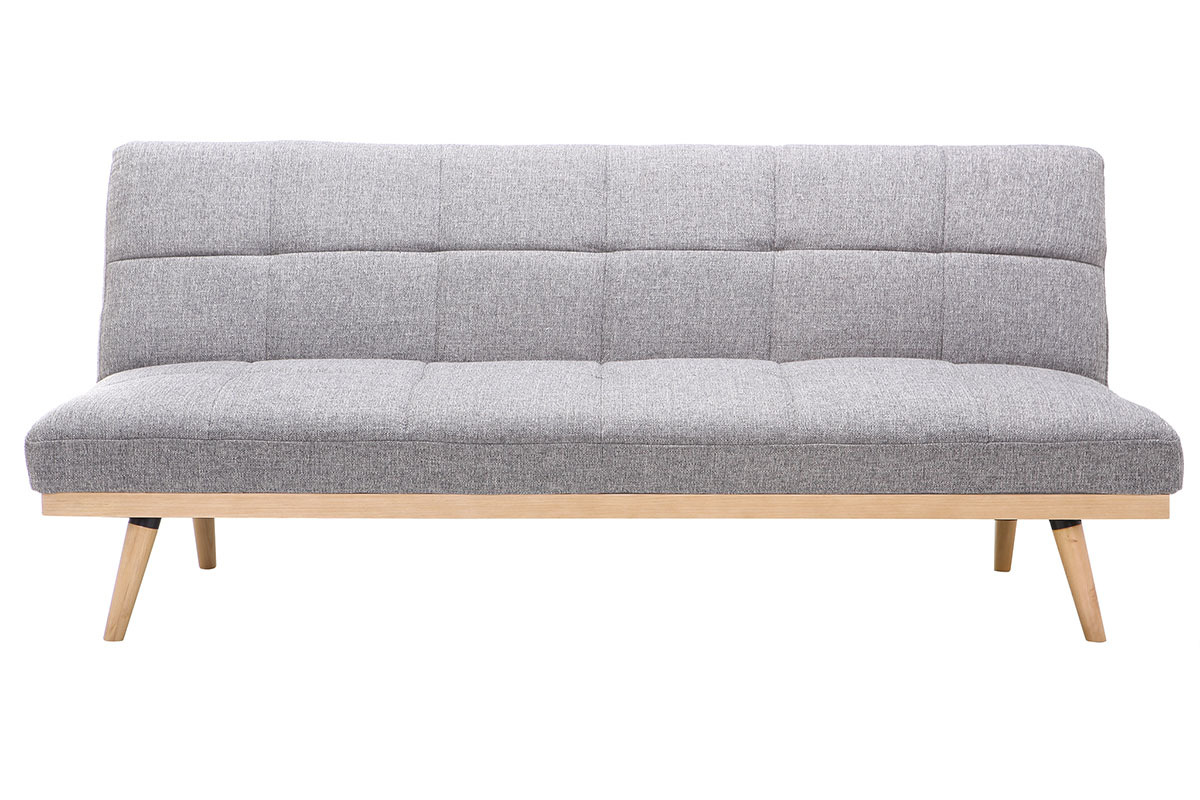 Canap convertible scandinave 3 places en tissu gris clair et bois clair SIKKO