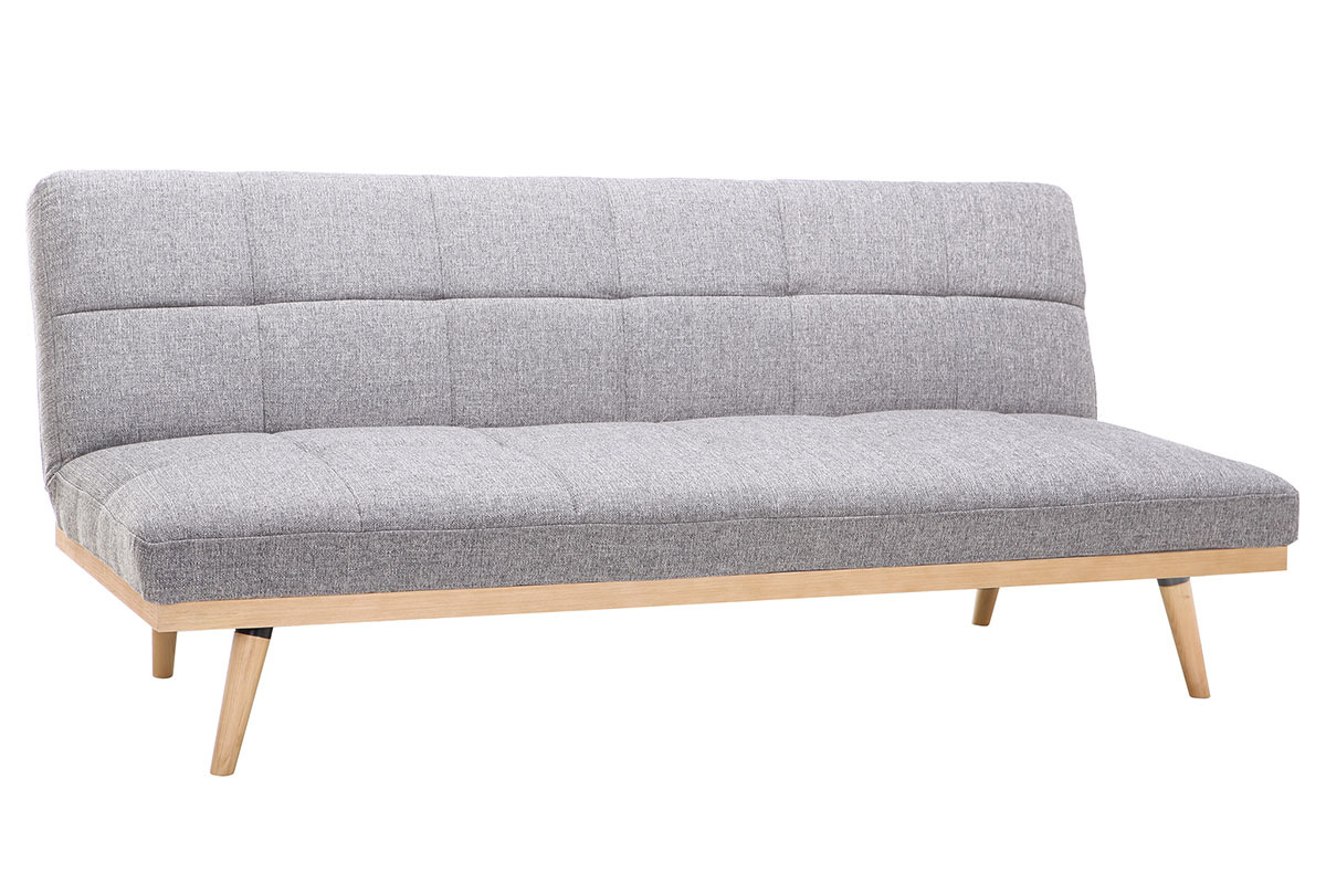 Canap convertible scandinave 3 places en tissu gris clair et bois clair SIKKO