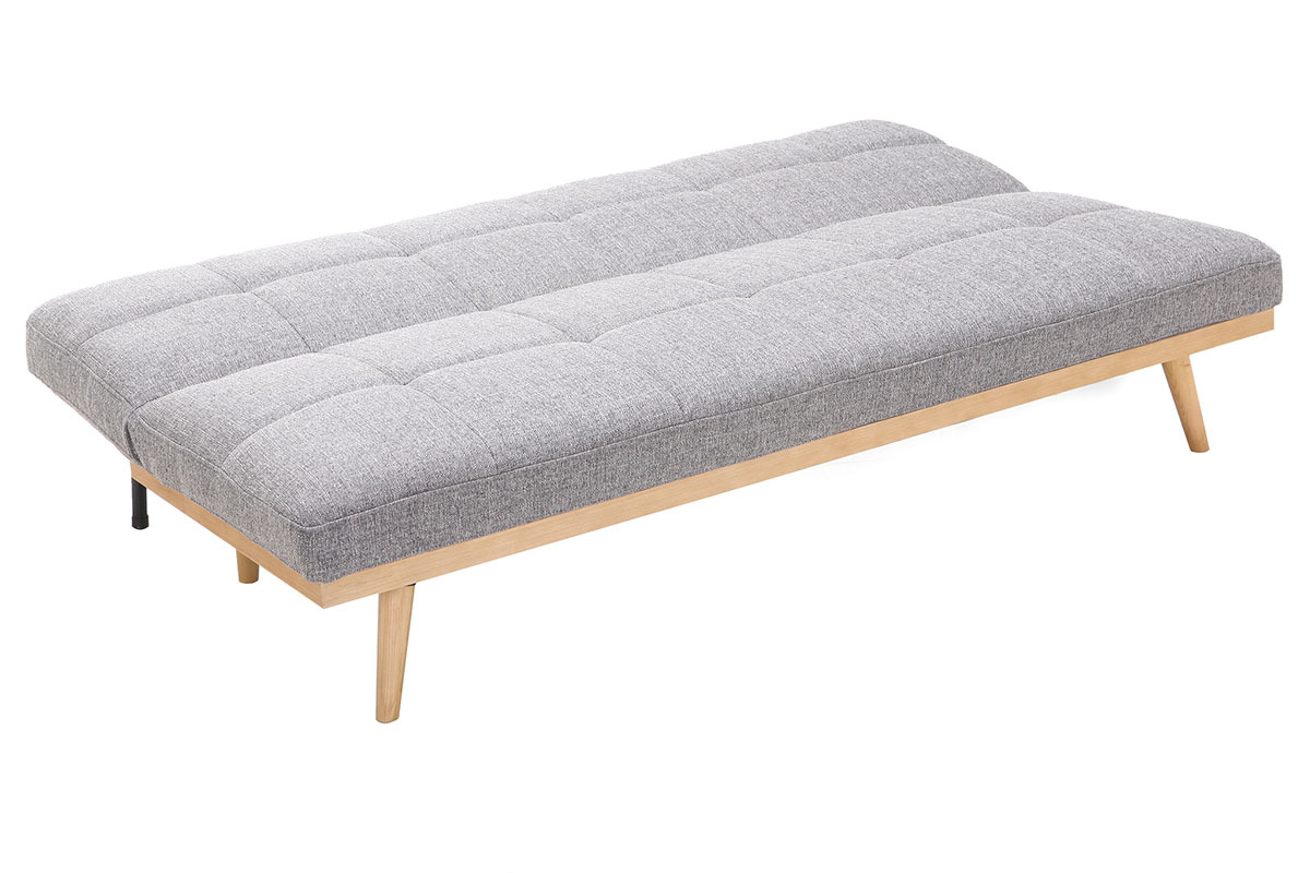 Canap convertible scandinave 3 places en tissu gris clair et bois clair SIKKO