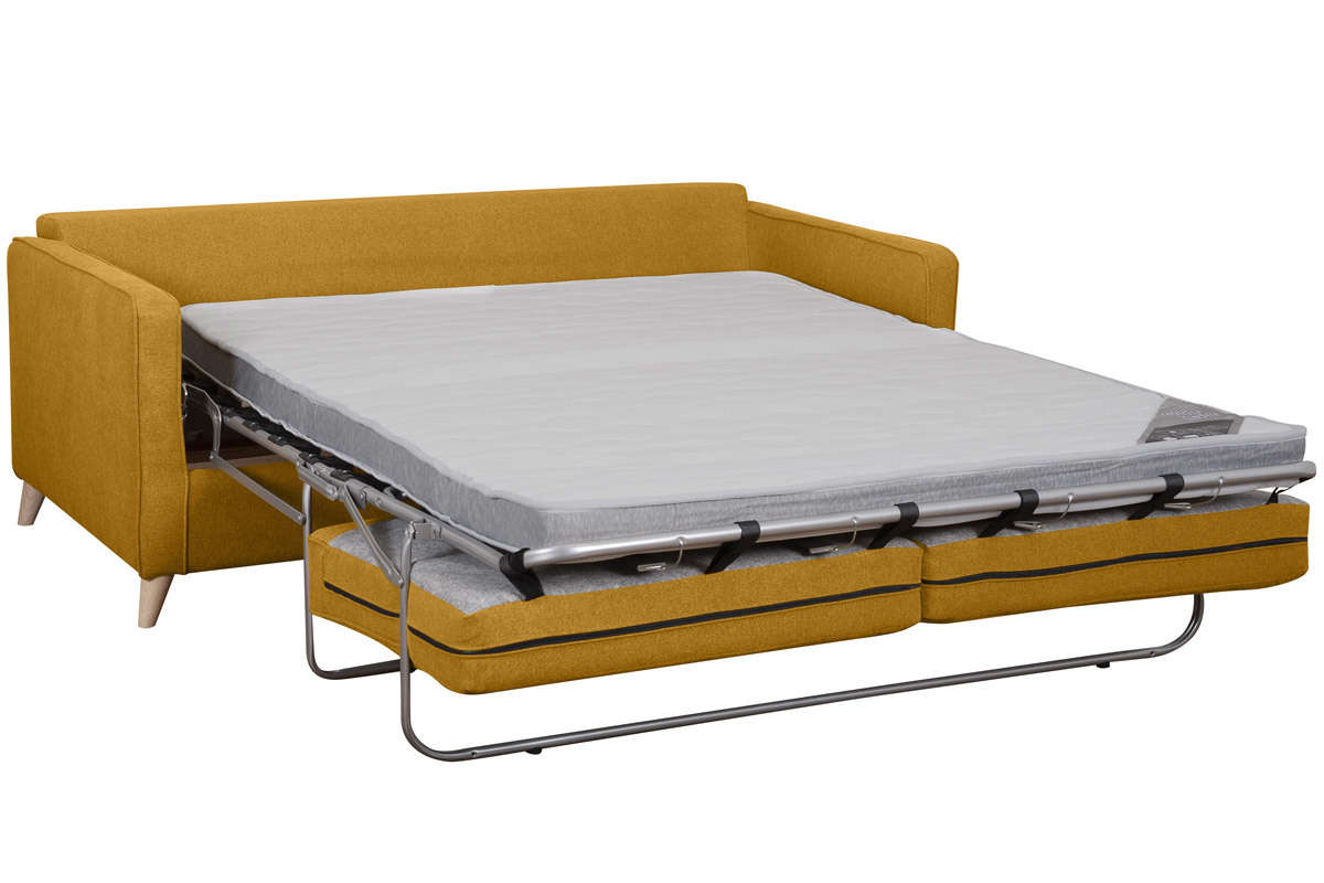 Canap convertible scandinave 3 places en tissu jaune cumin et bois clair avec matelas 10 cm PAPEL