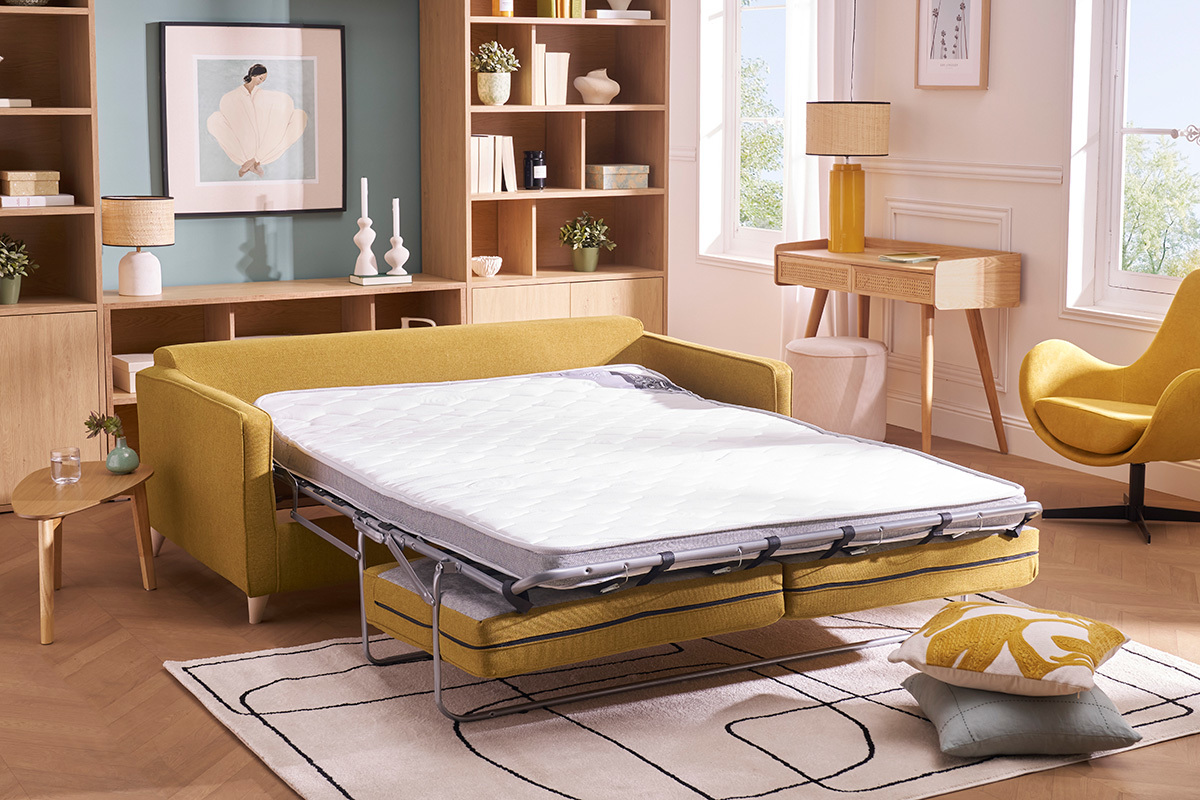 Canap convertible scandinave 3 places en tissu jaune cumin et bois clair avec matelas 10 cm PAPEL