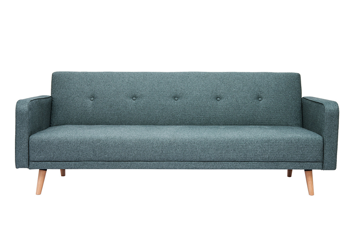 Canap convertible scandinave 3 places en tissu vert de gris et bois clair ULLA