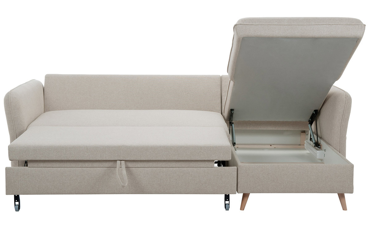 Canap d'angle convertible rversible avec coffre 3-4 places en tissu beige et bois clair DRISS