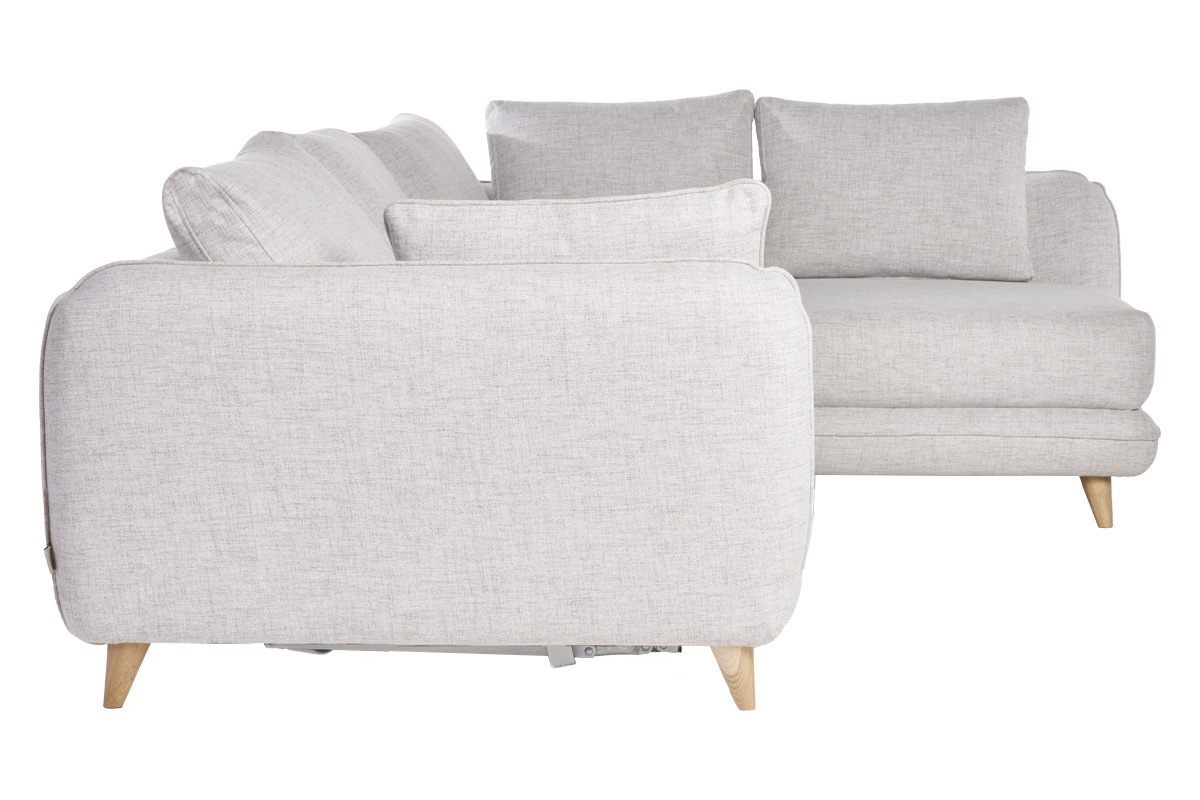 Canap d'angle droit convertible scandinave 5 places en tissu gris clair chin et bois clair CREEP