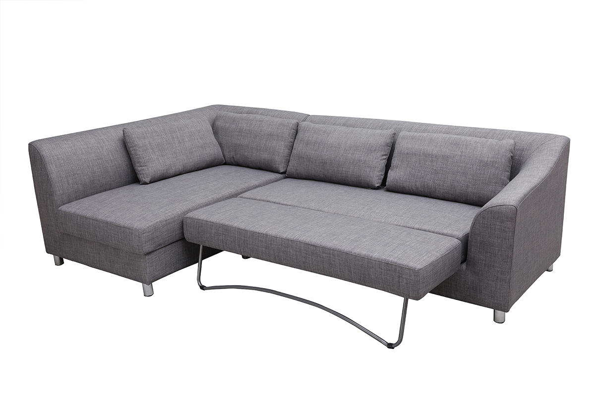 Canap d'angle gauche convertible avec coffre 3 places en tissu gris et acier chrom MIAMI