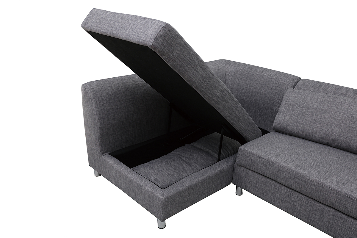 Canap d'angle gauche convertible avec coffre 3 places en tissu gris et acier chrom MIAMI