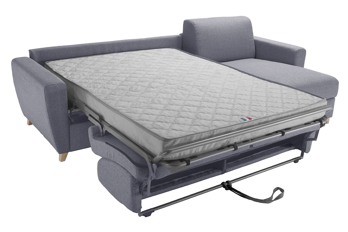 Canap d'angle rversible et convertible avec coffre 4 places en tissu gris et bois clair GRAHAM