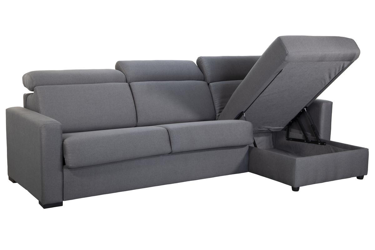 Canap d'angle rversible et convertible avec coffre et ttires ajustables 4 places en tissu gris NORO