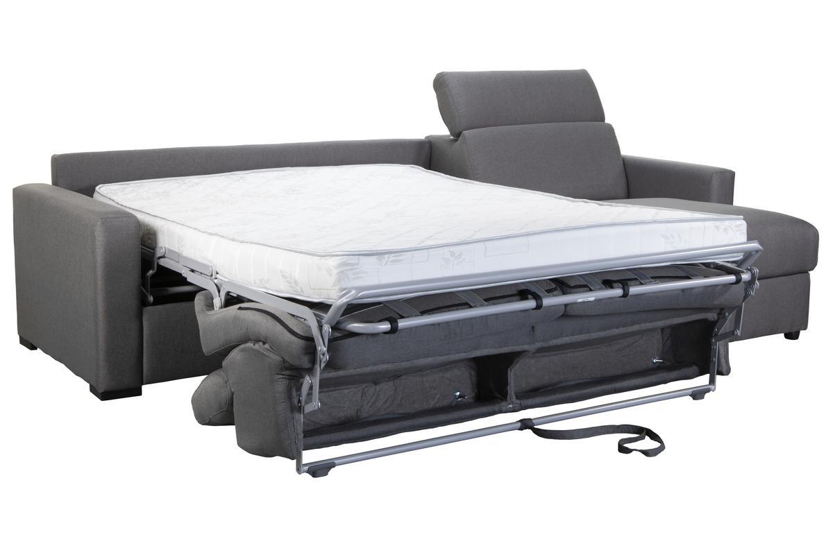 Canap d'angle rversible et convertible avec coffre et ttires ajustables 4 places en tissu gris NORO