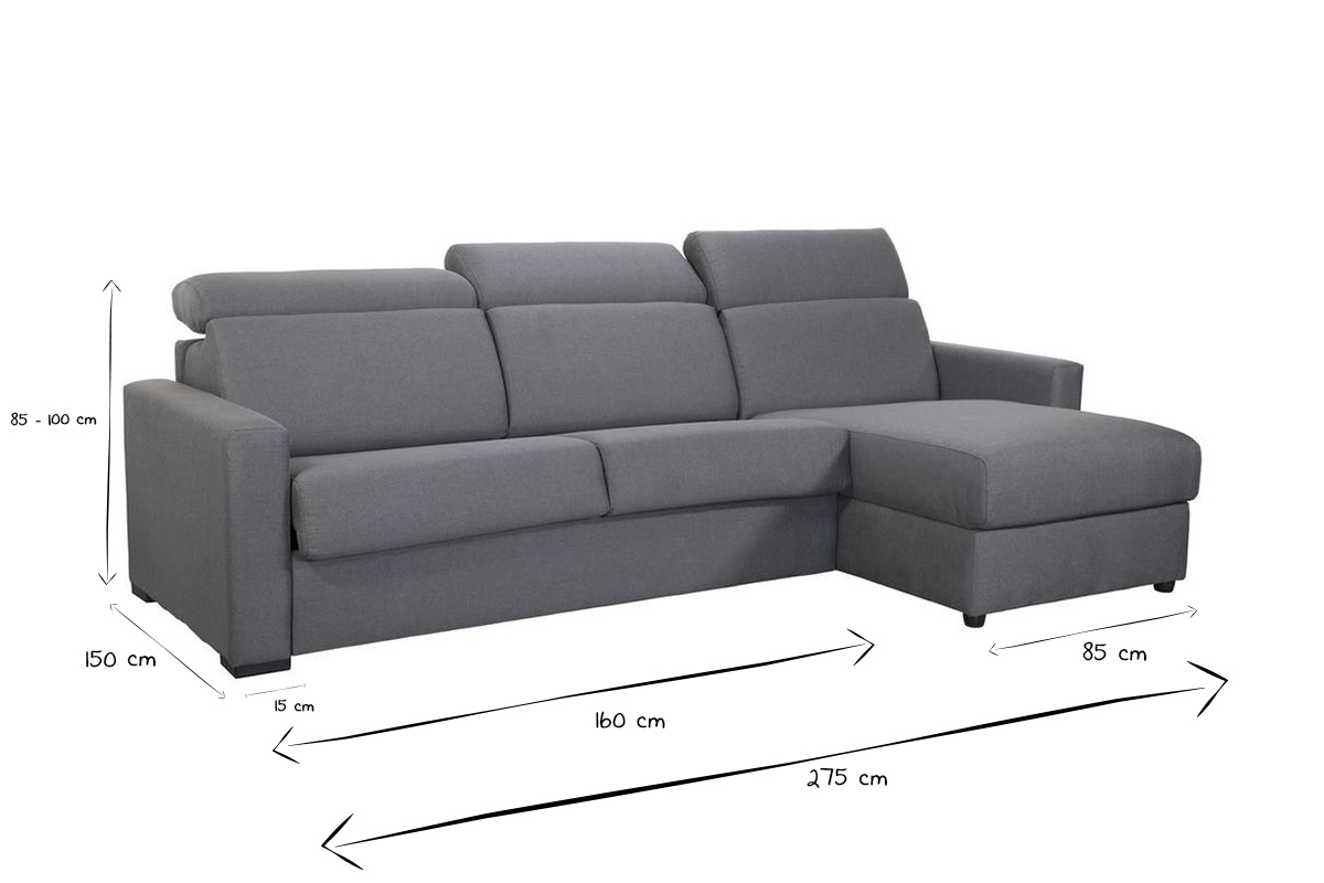 Canap d'angle rversible et convertible avec coffre et ttires ajustables 4 places en tissu gris NORO