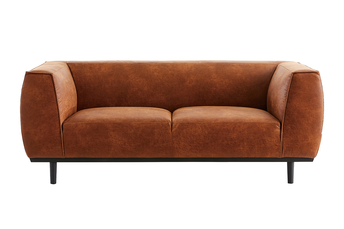 Canap design 2-3 places en cuir aspect vieilli marron cognac MORRIS