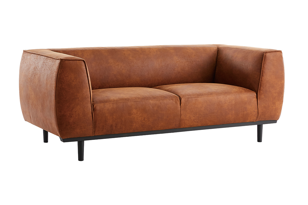 Canap design 2-3 places en cuir aspect vieilli marron cognac MORRIS