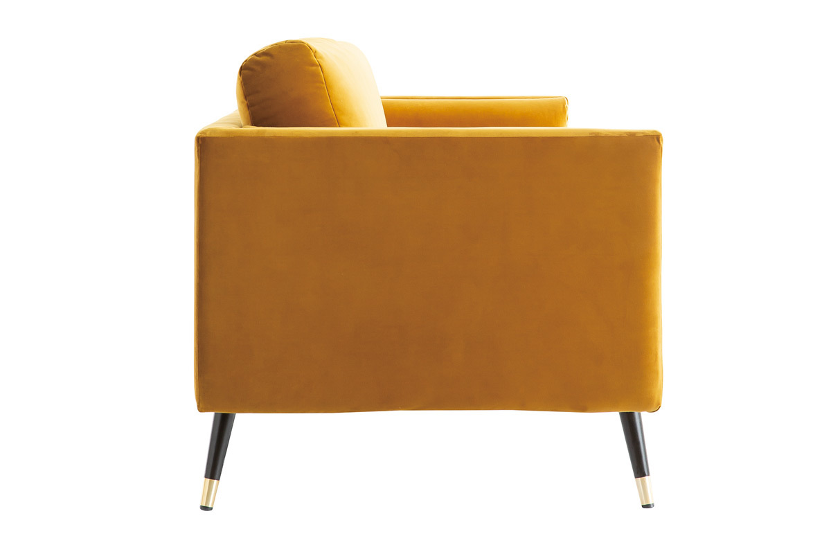 Canap design 3 places en tissu velours jaune moutarde, bois noir et mtal dor STING