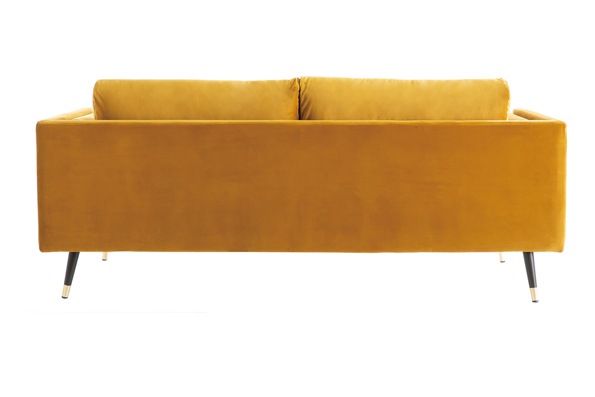 Canap design 3 places en tissu velours jaune moutarde, bois noir et mtal dor STING