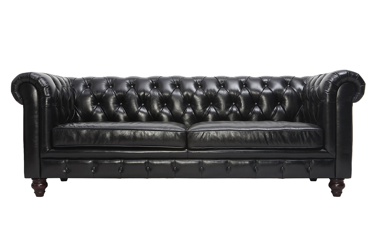 Canap design cuir noir 3 places CHESTERFIELD - cuir de buffle