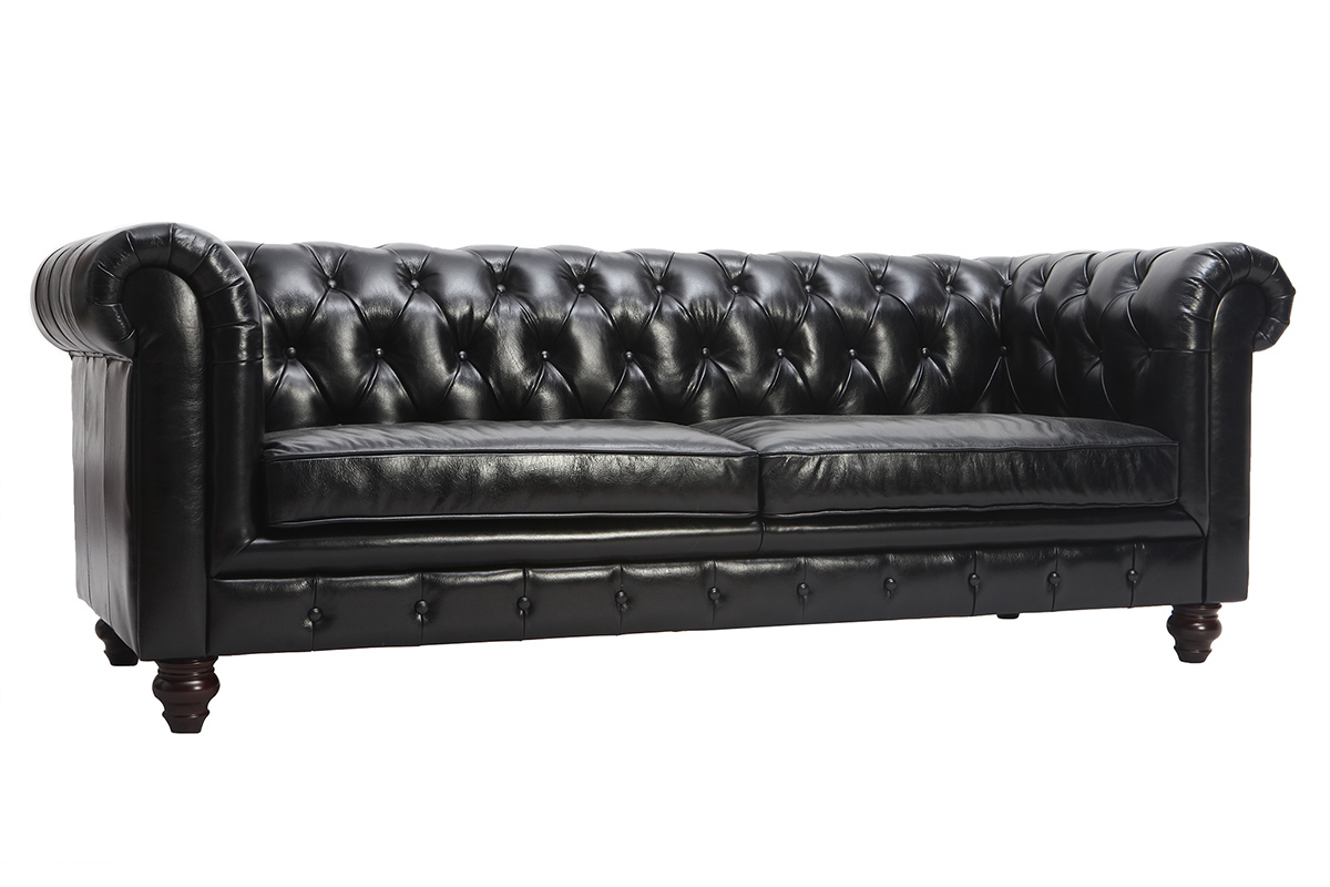 Canap design cuir noir 3 places CHESTERFIELD - cuir de buffle