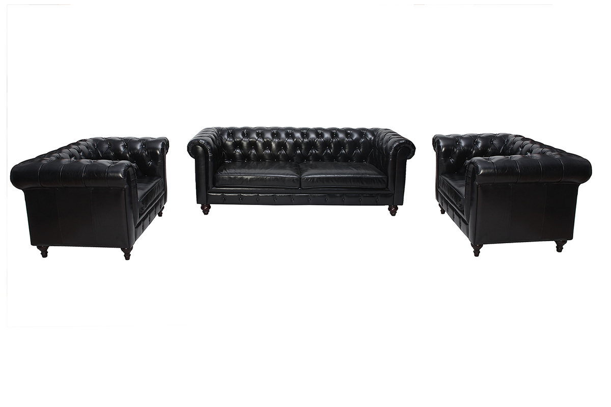 Canap design cuir noir 3 places CHESTERFIELD - cuir de buffle