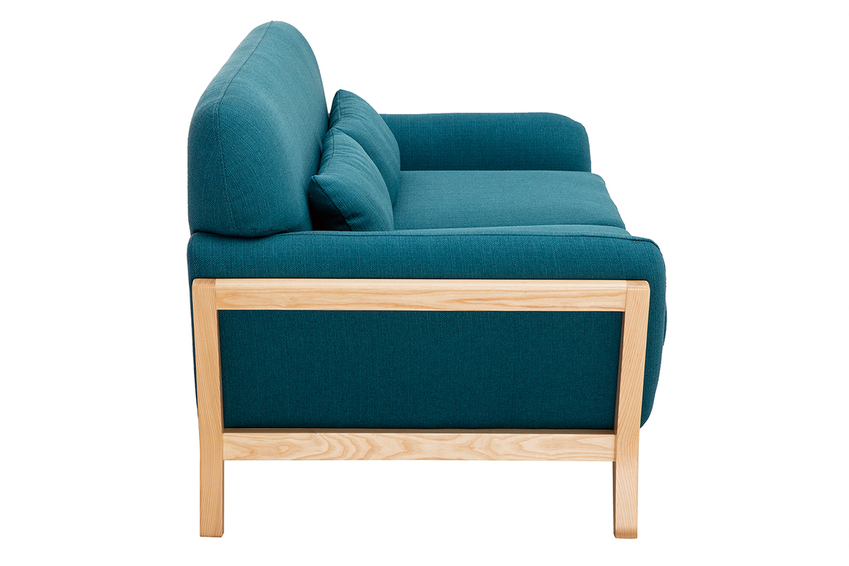 Canap scandinave 2 places en tissu bleu canard et bois clair YOKO