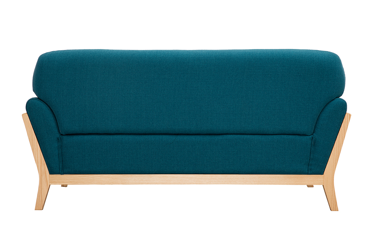 Canap scandinave 2 places en tissu bleu canard et bois clair YOKO