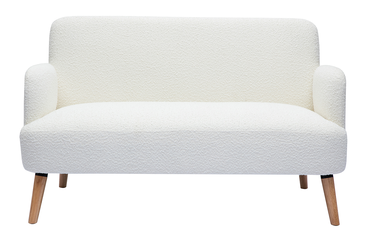 Canap scandinave 2 places en tissu effet laine boucle blanc et bois clair ISKO