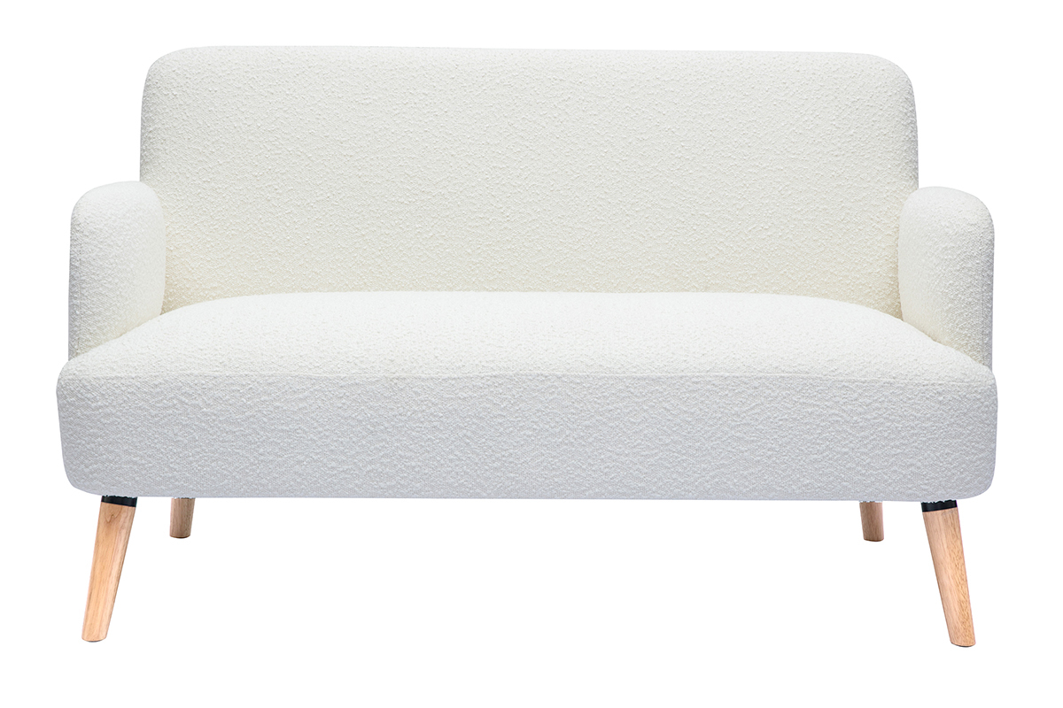 Canap scandinave 2 places en tissu effet laine boucle blanc et bois clair ISKO