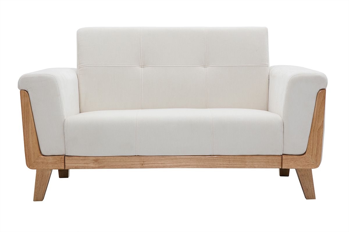 Canap scandinave 2 places en tissu effet velours blanc cass et bois clair FJORD