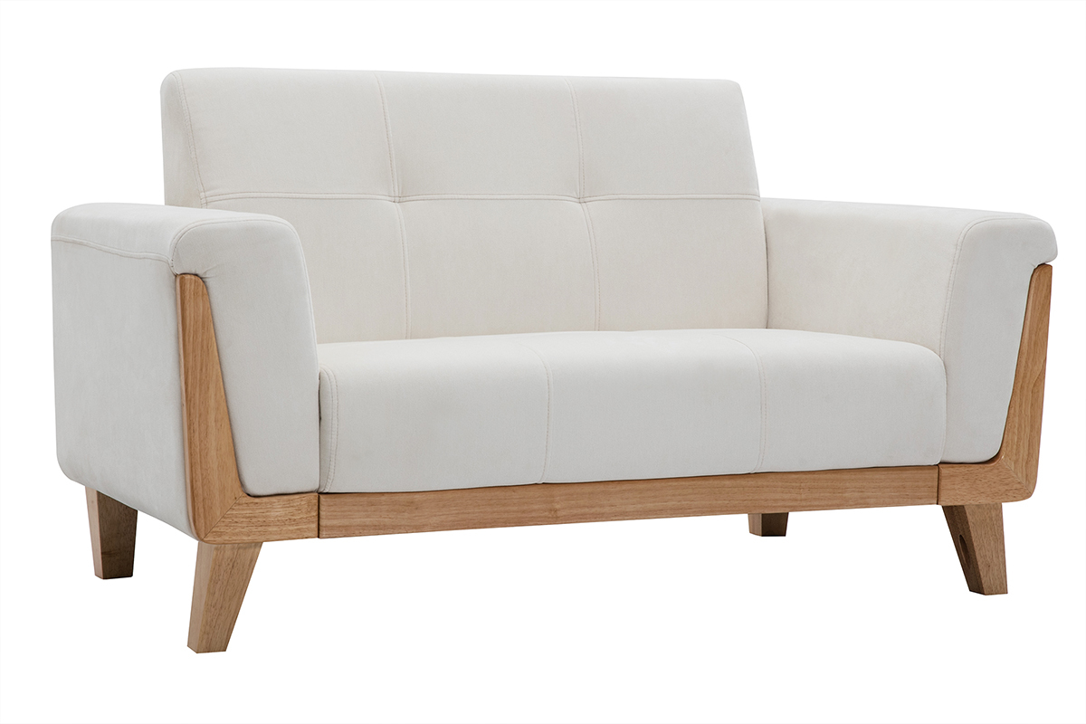 Canap scandinave 2 places en tissu effet velours blanc cass et bois clair FJORD