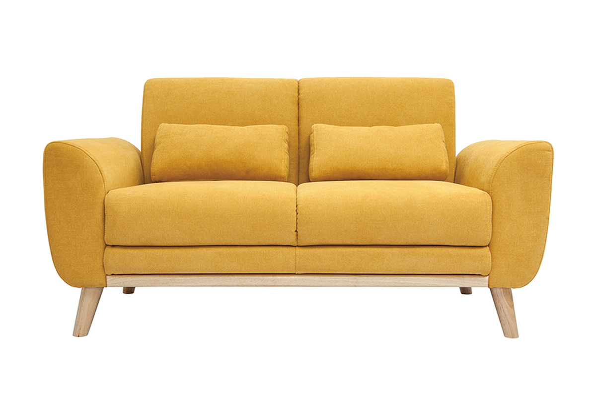 Canap scandinave 2 places en tissu effet velours jaune moutarde et bois clair EKTOR