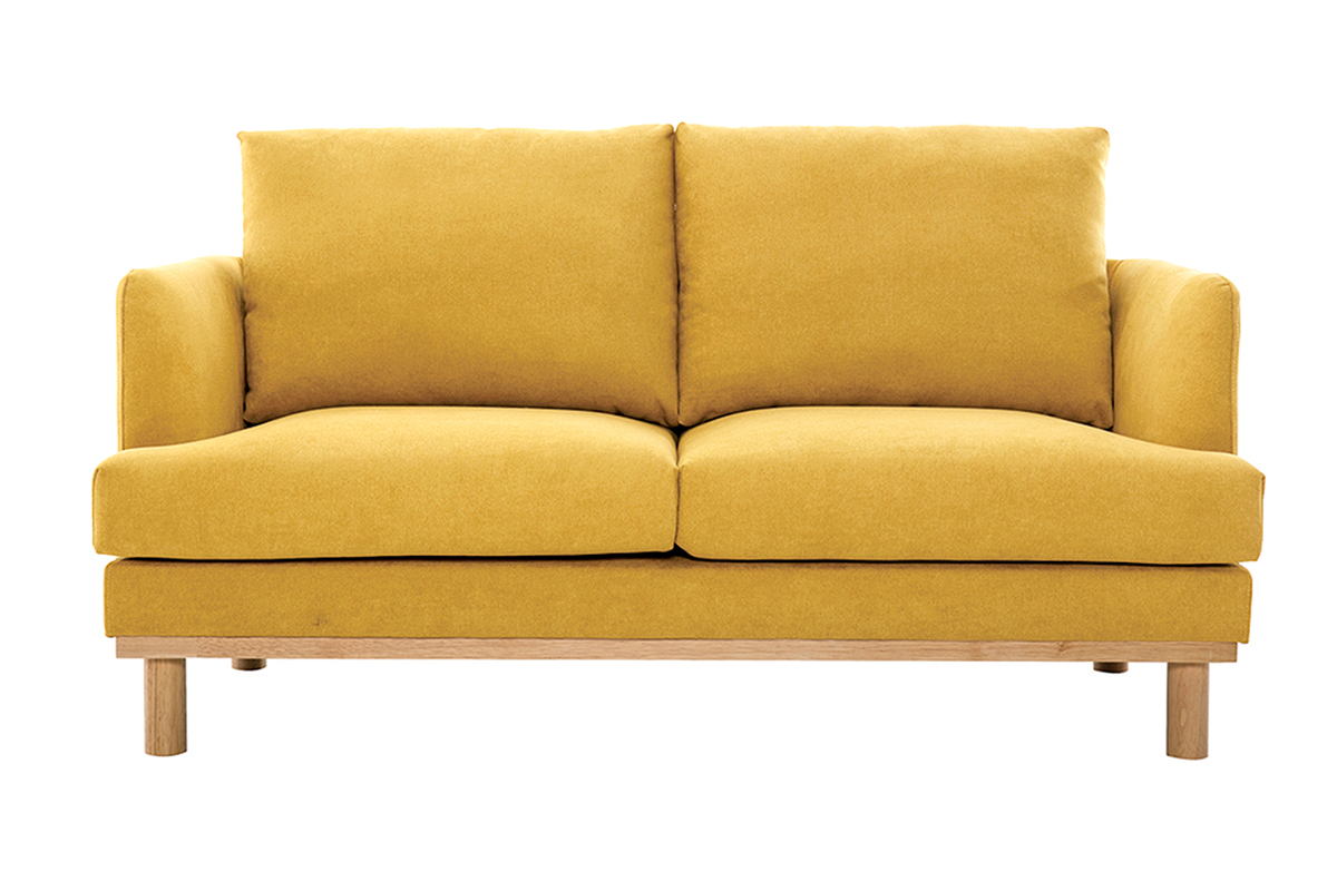 Canap scandinave 2 places en tissu effet velours jaune moutarde et bois clair HOBART