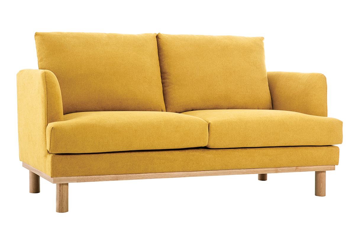 Canap scandinave 2 places en tissu effet velours jaune moutarde et bois clair HOBART