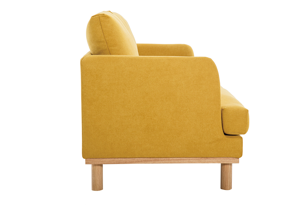 Canap scandinave 2 places en tissu effet velours jaune moutarde et bois clair HOBART