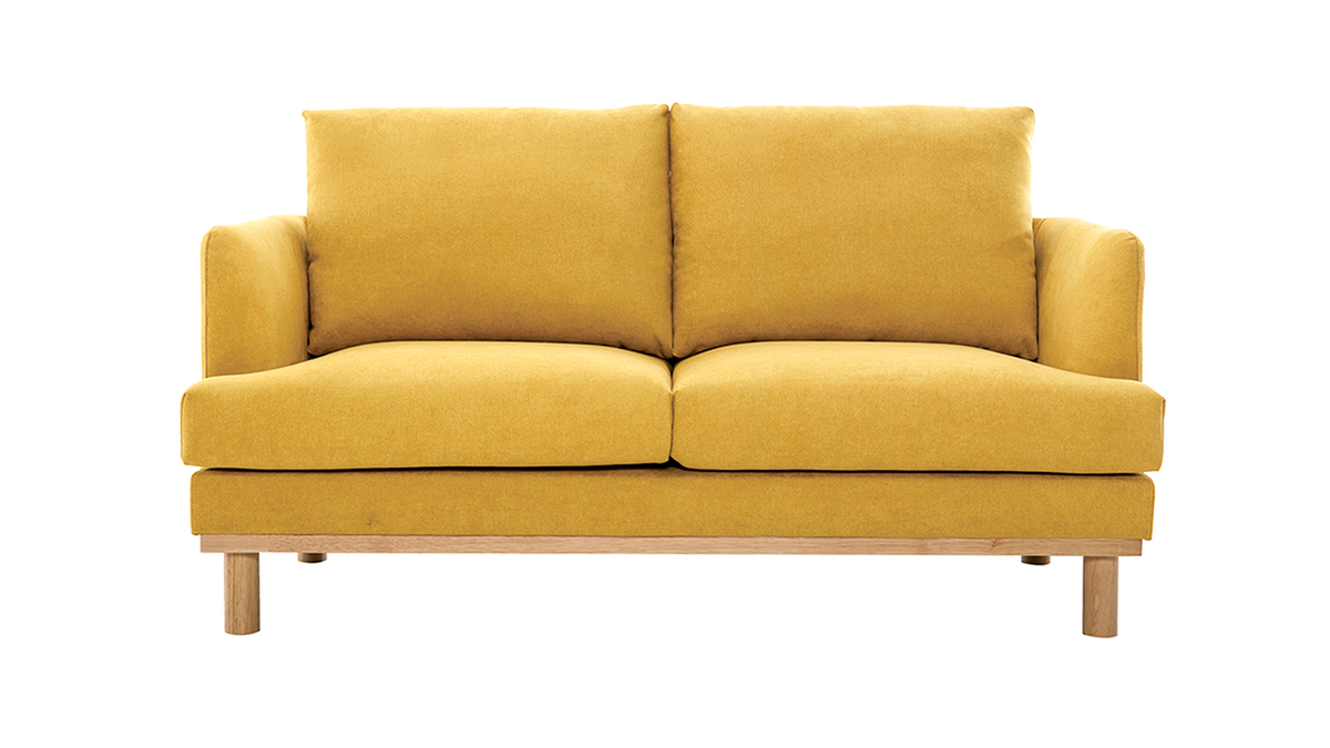 Canap scandinave 2 places en tissu effet velours jaune moutarde et bois clair HOBART