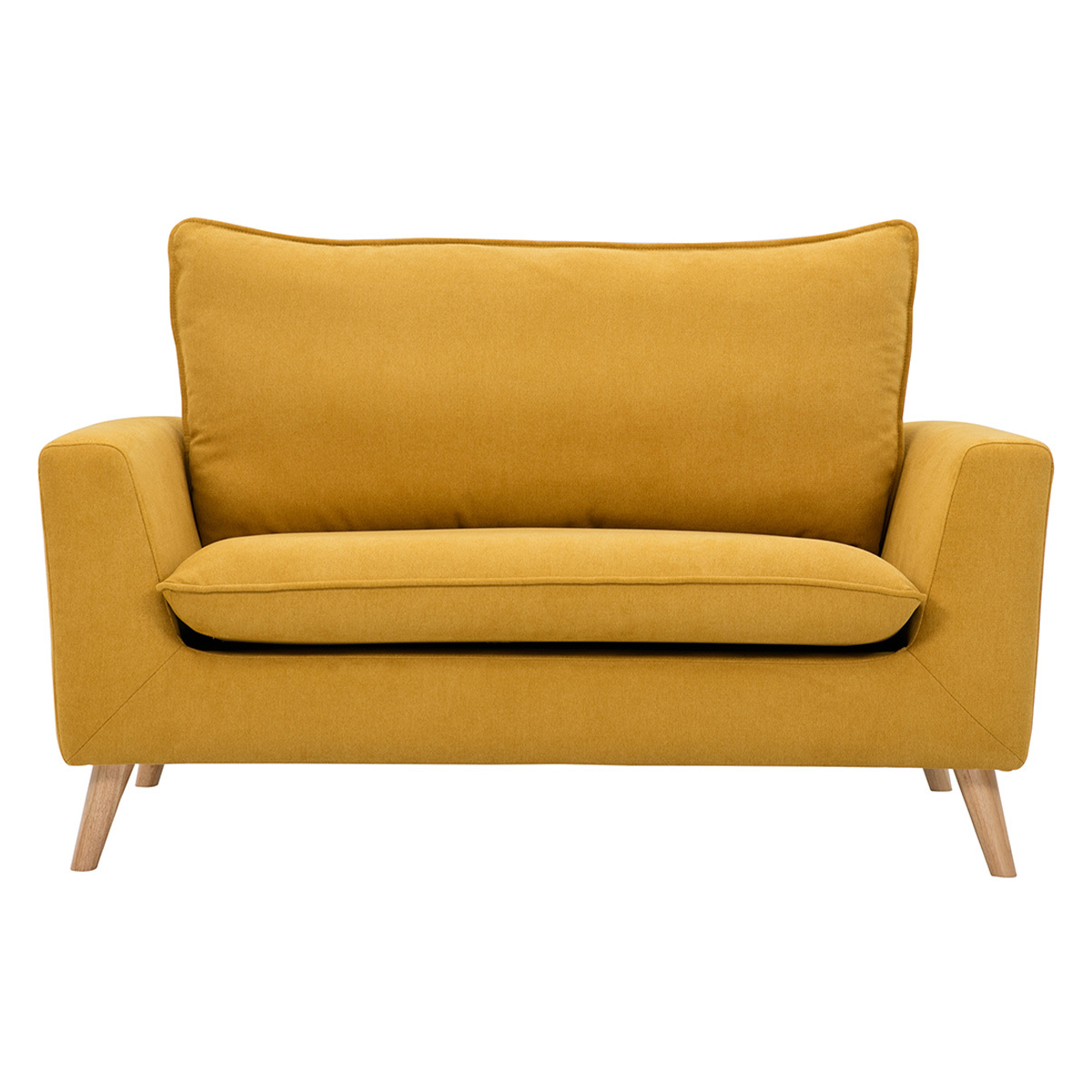 Canapé scandinave 2 places en tissu effet velours jaune moutarde et bois clair JONAS