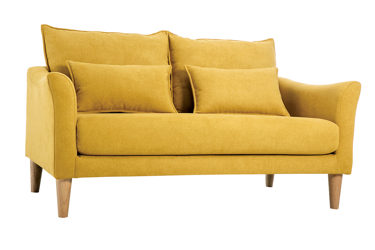 Canap scandinave 2 places en tissu effet velours jaune moutarde et bois clair KATE