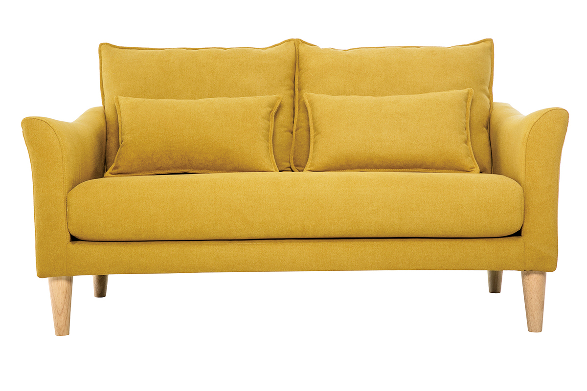 Canap scandinave 2 places en tissu effet velours jaune moutarde et bois clair KATE