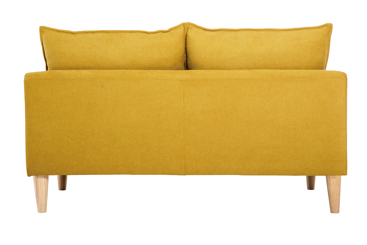 Canap scandinave 2 places en tissu effet velours jaune moutarde et bois clair KATE