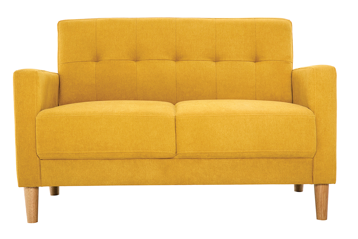 Canap scandinave 2 places en tissu effet velours jaune moutarde et bois clair MOON