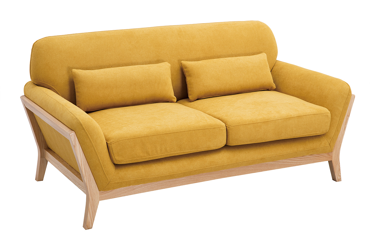 Canap scandinave 2 places en tissu effet velours jaune moutarde et bois clair YOKO