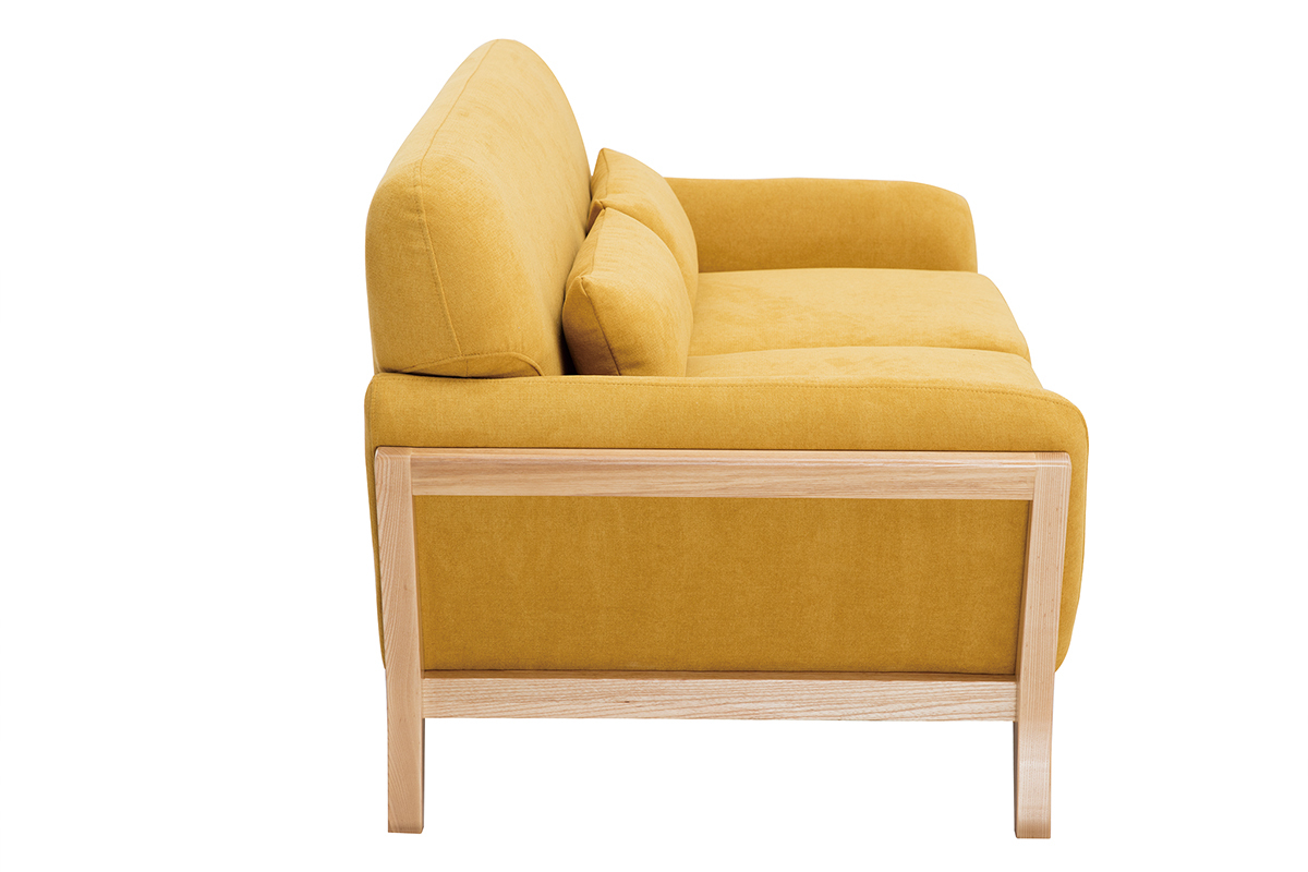 Canap scandinave 2 places en tissu effet velours jaune moutarde et bois clair YOKO