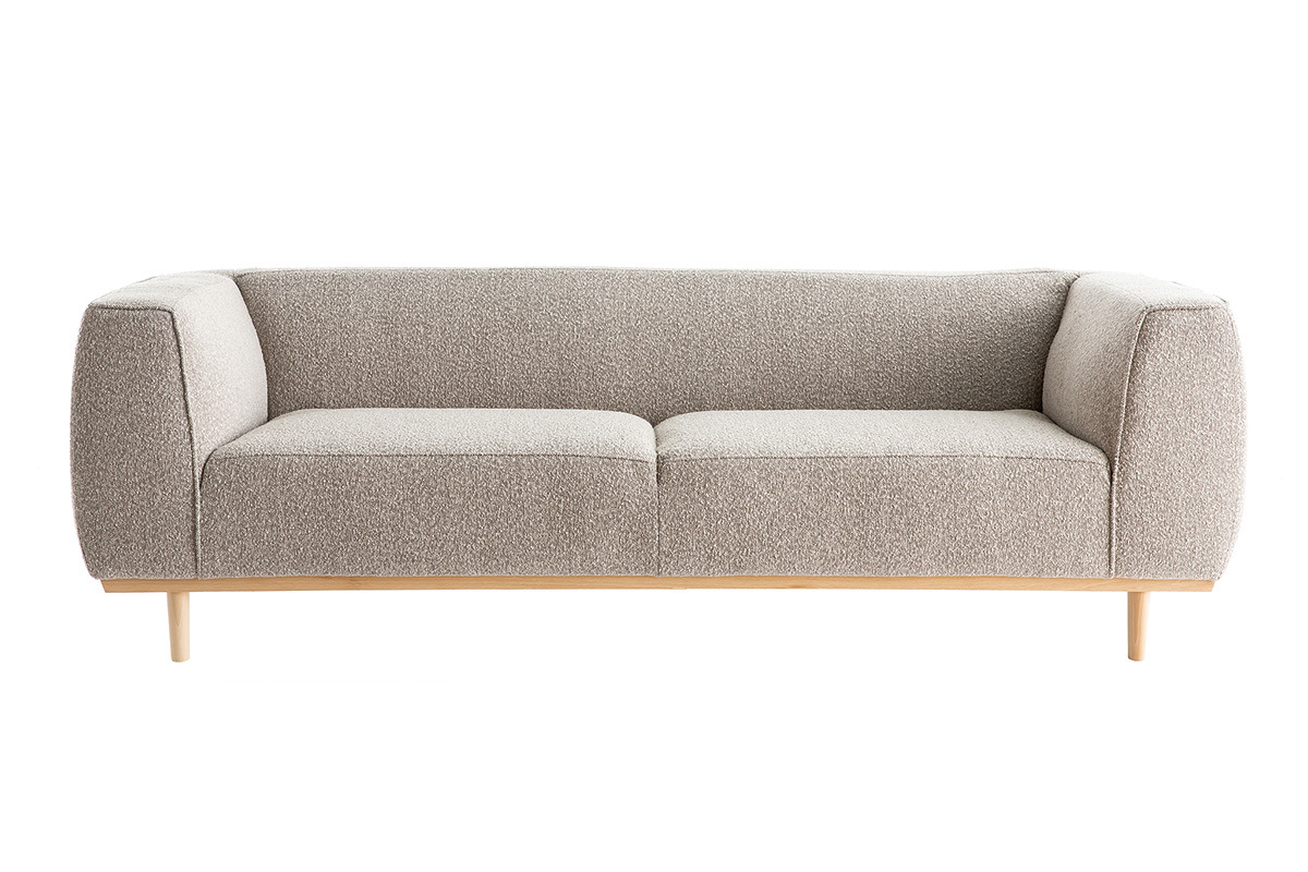 Canap scandinave 3-4 places en tissu effet laine boucle taupe et bois clair MORRIS