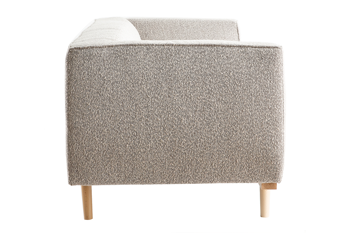 Canap scandinave 3-4 places en tissu effet laine boucle taupe et bois clair MORRIS